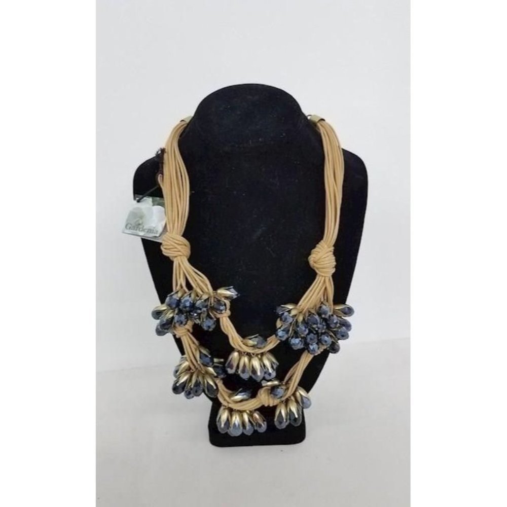 Gardenia Glass Pearls Beige/Navy Blue Necklace -- 20"